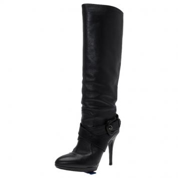 مملوكة مسبقًا Fendi Black Leather B Buckle Knee Length Boots Size 39.5