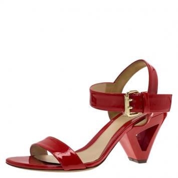 Pre Owned Fendi Red Patent Ankle Strap Sandals Size 38.5