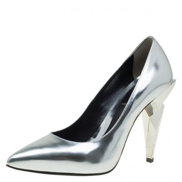 Pre Owned Fendi Metallic Silver Leather Diamond Heel Pumps Size 36