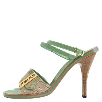 Pre Owned Fendi Beige Canvas and Green Leather Ankle Strap Sandals Size 37