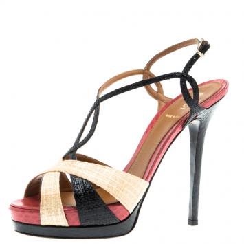 Pre Owned Fendi Tri Color Raffia and Snakeskin Strappy Slingback Platform Sandals Size 39