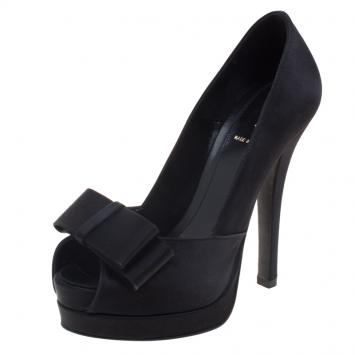 Pre Owned Fendi Black Satin Deco Bow Detail Peep Toe Platform Pumps Size 35.5