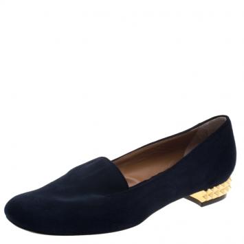 مملوكة مسبقًا Fendi Dark Blue Suede Studded Heel Smoking Slippers Size 39.5