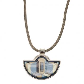Pre Owned Frey Wille Half Moon Geometric Blue and Gold Enamel Silver Mesh Chain Pendant Necklace