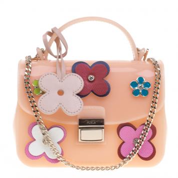 Pre Owned Furla Peach Floral Candy Bon Bon Crossbody Bag