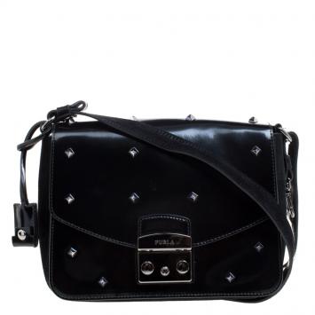 Pre Owned Furla Black Glossy Leather and Suede Studded Metropolis Shoulder Bag
