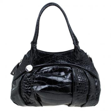 Pre Owned Furla Black Croc Embossed Leather Clara Satchel
