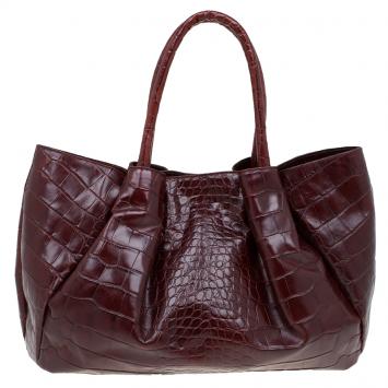 Pre Owned Furla Brown Croc Embossed Leather Pompidou Tote