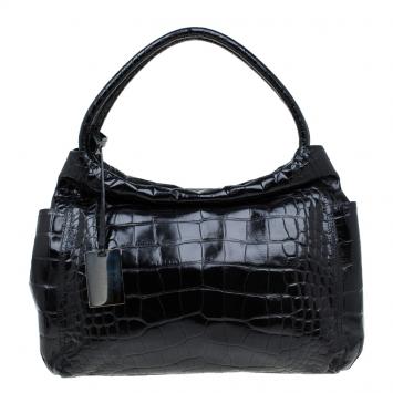 Pre Owned Furla Black Croc Embossed Leather Hobo