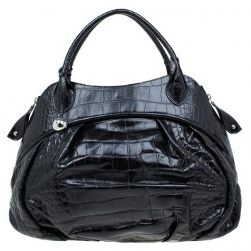 Pre Owned Furla Black Croc Embossed Leather Clara Satchel