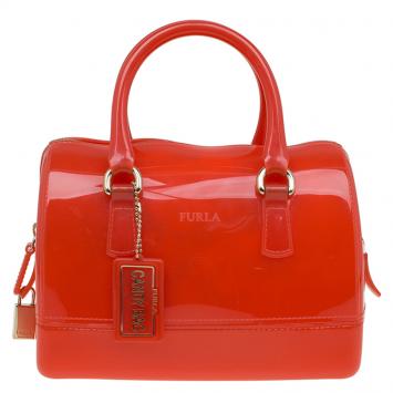 Pre Owned Furla Red Orange Glossy Rubber Mini Candy Satchel