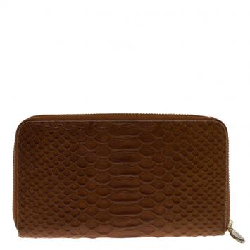 Pre Owned Furla Brown Python Embossed Leather Zip Around Wallet