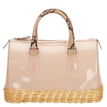 Pre Owned Furla Pink Glossy Rubber/Straw Candy Satchel Bag