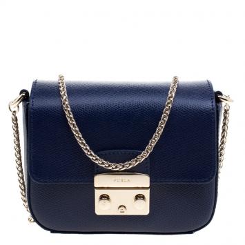 Pre Owned Furla Navy Blue Leather Mini Metropolis Crossbody Bag