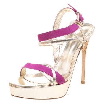 Pre Owned Gianvito Rossi Two Tone Metallic Leather and Suede Ankle Strap Platform Sandals Size 39