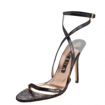 Pre Owned Gina Black Metallic Suede Ankle Strap Sandals Size 38.5