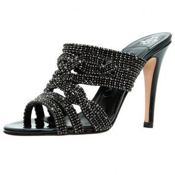 Pre Owned Gina Black Crystal Embellished Slides Size 36.5