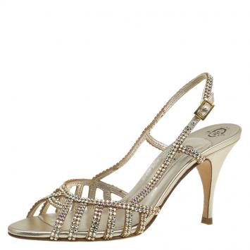 Pre Owned Gina Metallic Gold Crystal Embellished Slingback Sandals Size 38