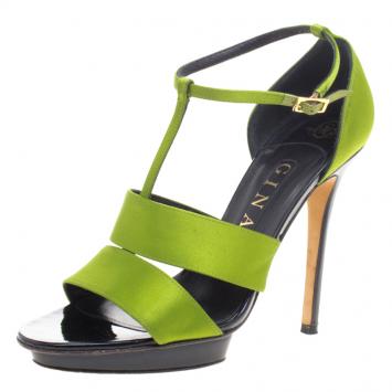 Pre Owned Gina Green Satin T Strap Sandals Size 39.5