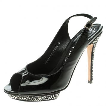 Pre Owned Gina Black Patent Leather Crystal Embellished Platform Peep Toe Slingback Sandals Size 39