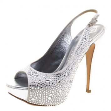 Pre Owned Gina Grey Satin Crystal Embellished Slingback Platform Sandals Size 38