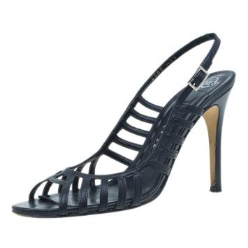 Pre Owned Gina Black Leather Caged Slingback Sandals Size 38.5