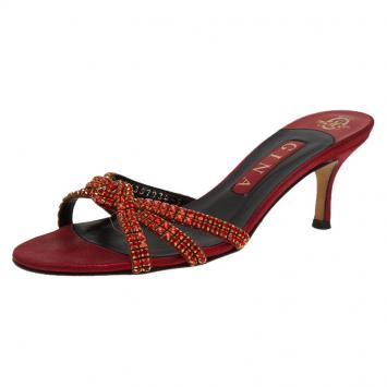 Pre Owned Gina Red Satin Embellished Knotted Open Toe Slides Size 38