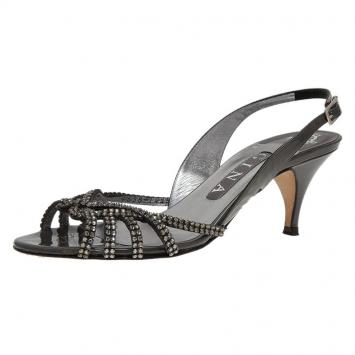 Pre Owned Gina Grey Patent Crystal Slingback Sandals Size 38