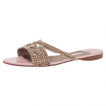Pre Owned Gina Pink and Bronze Crystal Embellished Flat Slides Size 39