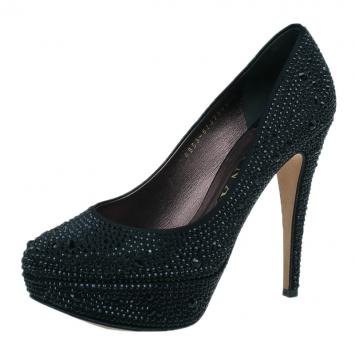 Pre Owned Gina Black Crystal Coated Platform Pumps Size 39