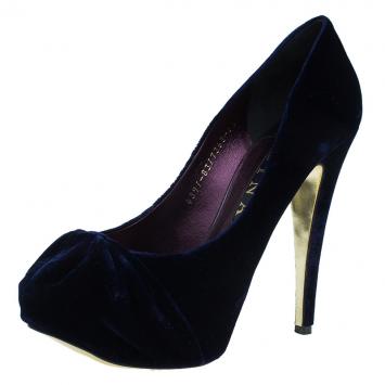 Pre Owned Gina Navy Blue Velvet Clair Platform Pumps Size 38.5