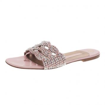 Pre Owned Gina Pink Crystal Embellished Dawn Flat Slides Size 40