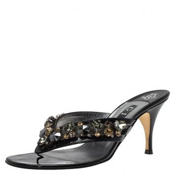 Pre Owned Gina Black Crystal Embellished Thong Sandals Size 38.5