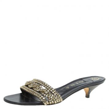 Pre Owned Gina Black Crystal Embellished Kitten Heel Slides Size 38