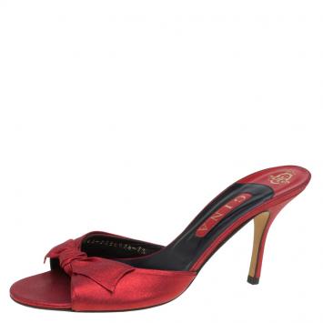 Pre Owned Gina Red Metallic Leather Bow Slides Size 40.5