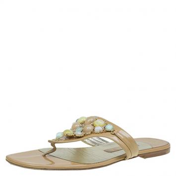 Pre Owned Gina Beige Patent Jewel Embellished Flat Sandals Size 38