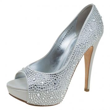 Pre Owned Gina White Satin Crystal Embellished Peep Toe Platform Pumps Size 37.5