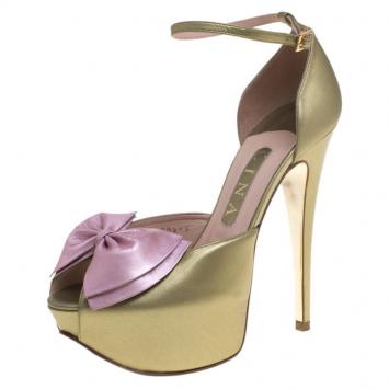 Pre Owned Gina Two Tone Metallic Leather Bow Detail Platform Ankle Strap Sandals Size 38