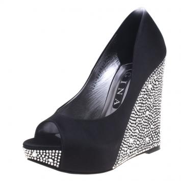 Pre Owned Gina Black Crystal Embellished Satin Belle Open Toe Wedge Pumps Size 38