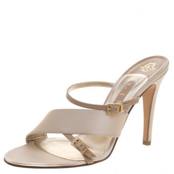 Pre Owned Gina Beige Satin Cross Strap Slides Size 39
