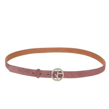 Pre Owned Giorgio Armani Pink Suede Logo Buckle Belt Size 46 