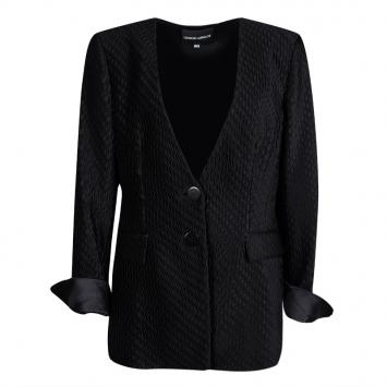 Pre Owned Giorgio Armani Black Silk Satin Diamond Tucked Textured Blazer L