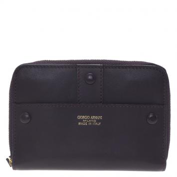 Pre Owned Giorgio Armani Purple Leather Zip Around Compact Wallet