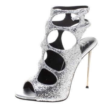 Pre Owned Giuseppe Zanotti Silver Glitter Cutout Ankle Strap Sandals Size 38.5