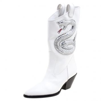 مملوكة مسبقًا Giuseppe Zanotti White Snake Embellished Leather Guns 55 Cowboy Boots Size 38.5