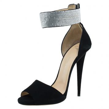 Pre Owned Giuseppe Zanotti Black Suede Crystal Embellished Ankle Strap Sandals Size 41