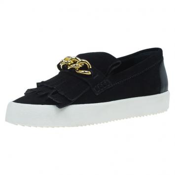 Pre Owned Giuseppe Zanotti Black Suede Chain Embellished Sneakers Size 40