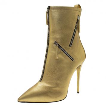 Pre Owned Giuseppe Zanotti  Metallic Gold Leather Multi Zip Detail Pointed Boots Size 38