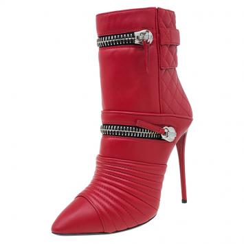 Pre Owned Giuseppe Zanotti Red Quilted Leather Double Zip Accent Boots Size 38.5