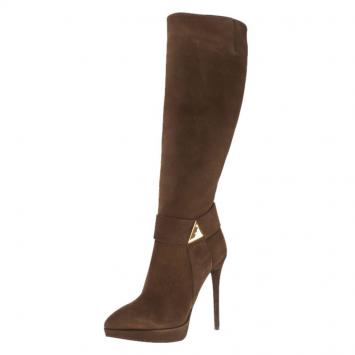 Pre Owned Giuseppe Zanotti Brown Suede Pyramid Stud Platform Knee Boots Size 37.5